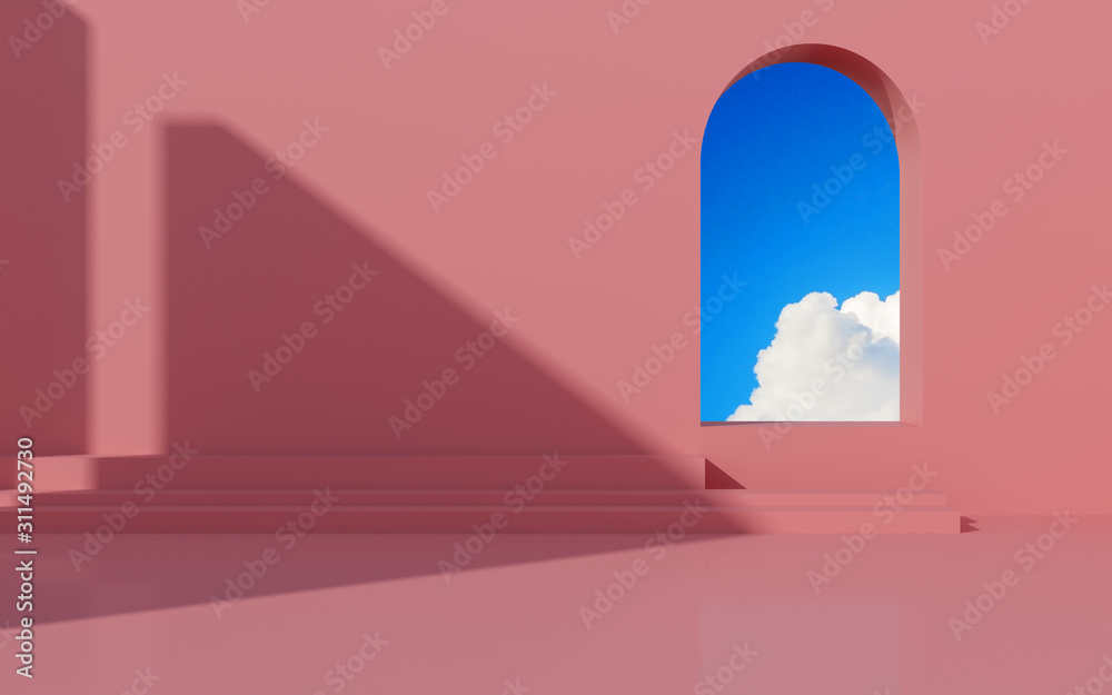 Aufkleber Minimal interior space with geometric form and pastels color,Sun light cast the shadow on wall with blue sky background. 3D rendering.