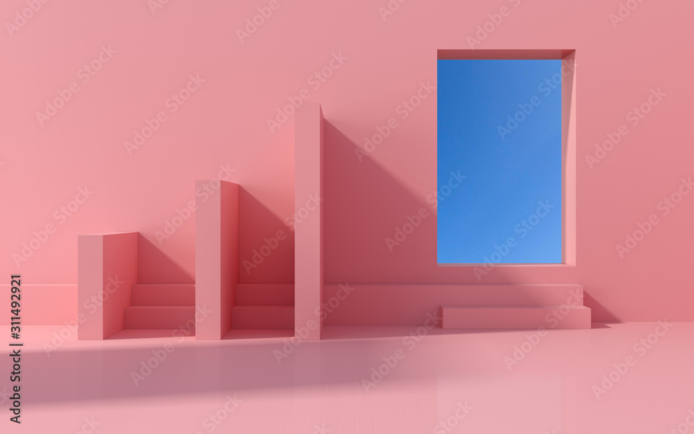 Poster minimal interior space with geometric form and pastels color,sun light cast the shadow on wall with 