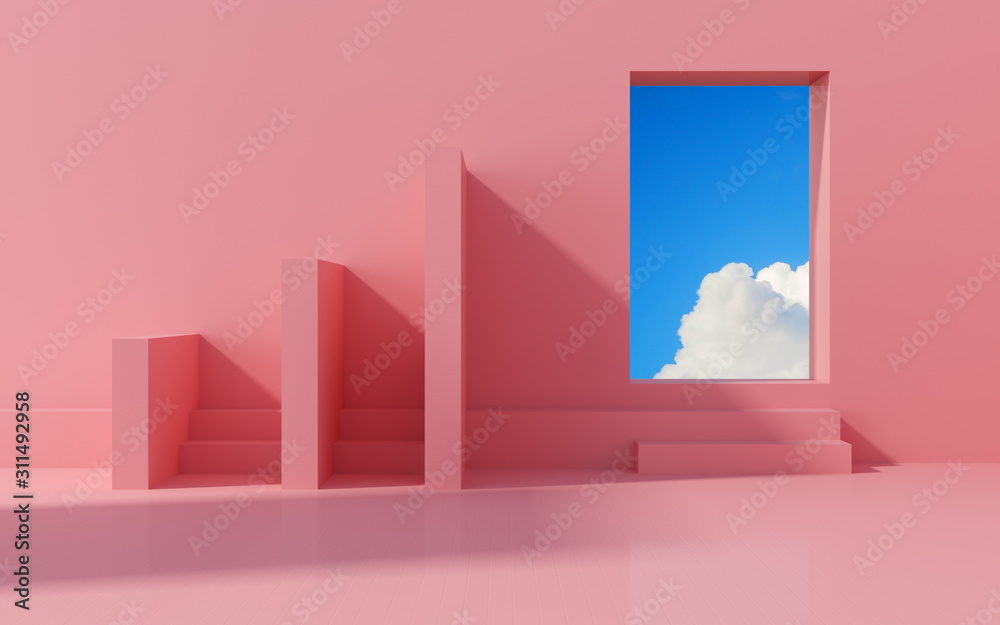 Poster minimal interior space with geometric form and pastels color,sun light cast the shadow on wall with 