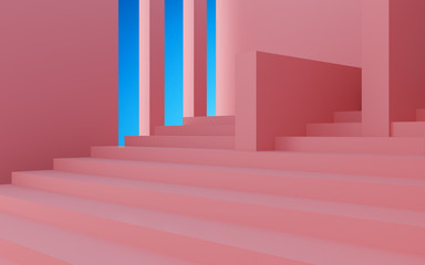 Minimal interior space with geometric form and pastels color,Sun light cast the shadow on wall with blue sky background. 3D rendering.