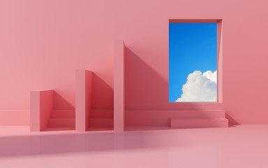 Minimal interior space with geometric form and pastels color,Sun light cast the shadow on wall with blue sky background. 3D rendering.