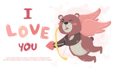 flat vector cute teddy bear cupid with heart bow and arrow, I love you text, idea for valentine card, greeting card and child tee