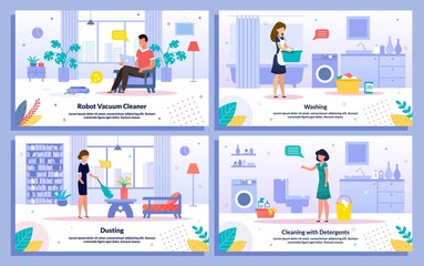 Obraz na płótnie Canvas Apartment Cleaning, Housekeeping Activities and Work Trendy Flat Vector Banners, Posters Set. Man Resting While Robot Vacuuming Floor, Woman Washing Clothes, Dusting, Cleaning Bathroom Illustration