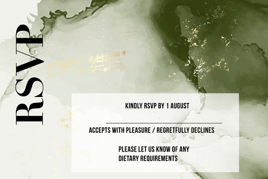 RSVP Vector soft green wedding card, contrast marble alcohol ink with  gold template, artistic covers design, colorful gradient texture, realistic card with soft liquid flow