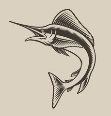 Black and white illustration of sea marlin in the style