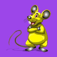 Yellow cartoon rat with arms crossed, Symbol of New Year 2020, on purple background