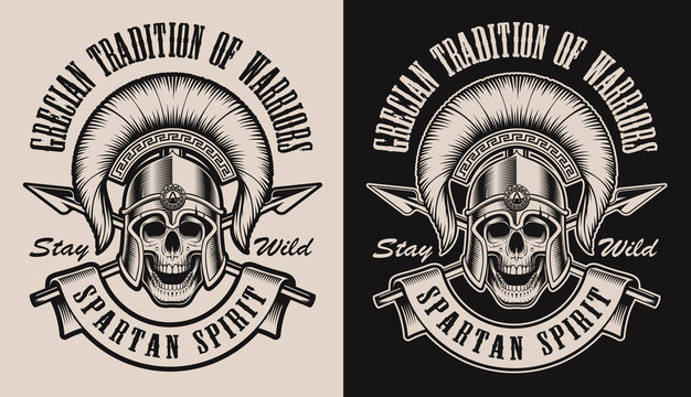 Set of illustrations with a skull in spartan helmet on a black and white backgrounds. Perfect for shirt prints, logos and many other.