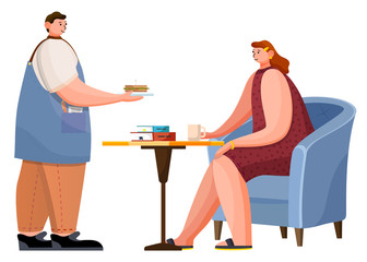Two people on date in cafe on lunch. Man bring sandwich and woman drinking hot coffee or tea. Armchair and single leg table with books on it. Cozy place for relax in cafeteria. Vector illustration