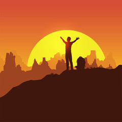 Success concept, A silhouette of man standing and rising hands on the mountain, Vector