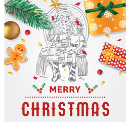 Christmas vintage card, Hand drawn Santa Claus with a little girl sitting on his lap,  Vector Illustration