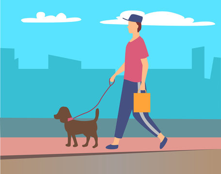 Person strolling with pet from shop vector, character with dog on leash walking in city. Cityscape with skyscrapers, sky with clouds, human and canine mammal illustration in flat style design for web