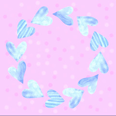 Backgrounds, frames of red pink blue black watercolor hearts. Hand drawn. Love romance theme for birthday, Valentine's day, greeting card, wedding, print