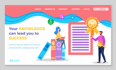 Fototapeta na wymiar Your knowledge can lead you to success. Web page for online learning with navigation menu. Man and woman stand near books and diploma or certificate. Vector illustration of website in flat style