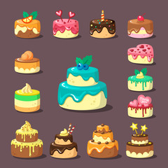 Tiered cakes with cream and fruit flat vector illustration set