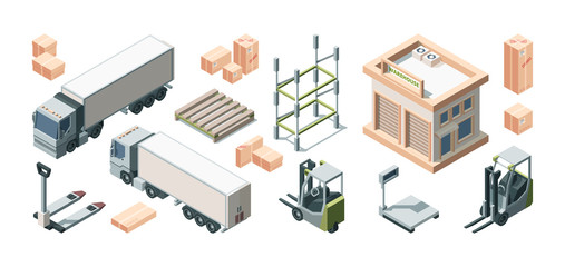 Warehouse building, trucks and loading equipment vector isometric illustration set