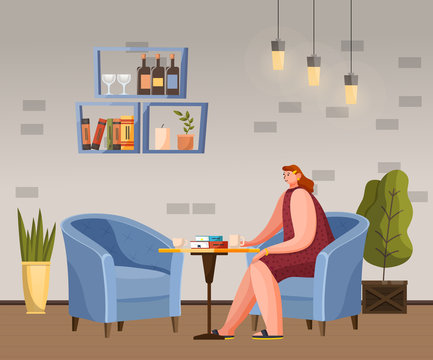 Woman character sitting with cup and book on table in coffeehouse. Breaktime of smiling female at table with java beverage. Interior of mug restaurant shelf with bottles and plant symbol indoor vector
