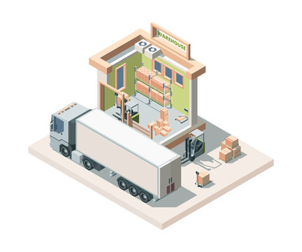 Warehouse building with truck and cargo isometric vector illustration