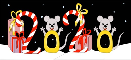 The symbol of 2020 is the rat. New Year card with the inscription and rodents. Gifts, mice.