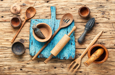 Fototapeta na wymiar Set of wooden cooking utensils