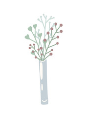 Flat color vertical vase with bouquet of herbs and branches with berry on white background. Spring romantic herbs. Vector rustic illustration for pin, sticker, card and invitation and your creativity.
