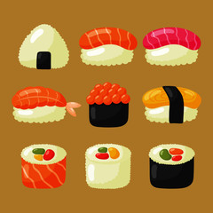 sushi icons set. japanese food on brown background. vector illustration.