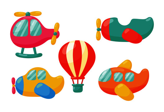 cartoon set of different types of air transportation. aircrafts isolated on white background. vector Illustration.