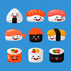 set of cute funny sushi and sashimi cartoon. japanese food kawaii style isolated on blue background. illustration vector. 