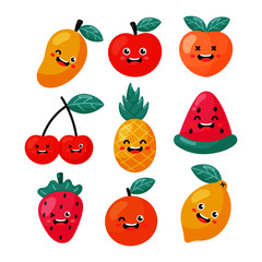 set of cartoon tropical fruit characters in kawaii style, isolated on white background. vector illustration.