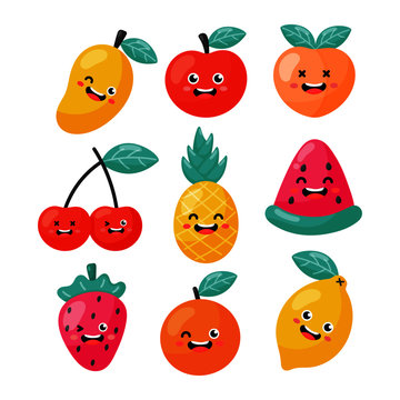 set of cartoon tropical fruit characters in kawaii style, isolated on white background. vector illustration.