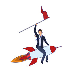 businessman on space rocket with a flag