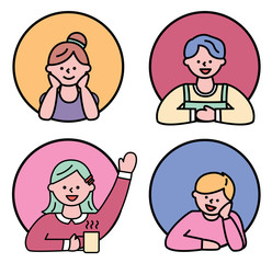 Collection of isolated characters, kids or teenagers smiling. People expressing emotions on face. Circles with personages, boys and girls. Dreamy female and laughing guy, vector in flat style