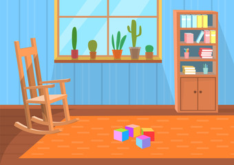 Room interior vector, chair and carpet with cube toys on floor. Window with cactus and house plants, bookcase with books and fairy tales for children back to school concept. Flat cartoon