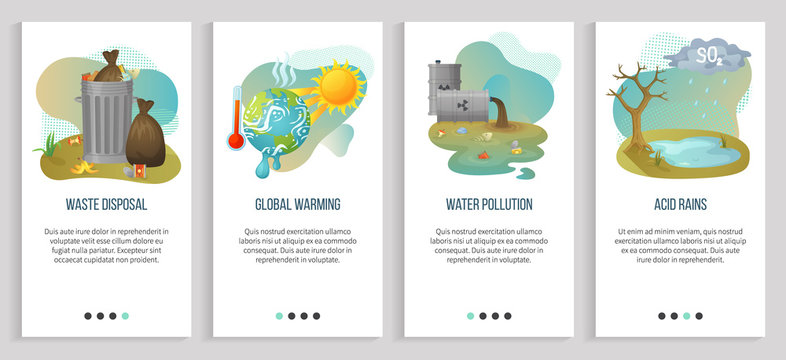Global warming vector, acid rains and harmful substances, garbage disposal heat and hot temperature with melting planet, water pollution. Website or slider app, landing page flat style