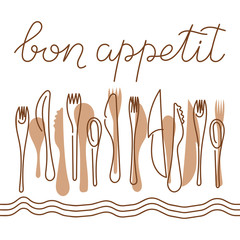 Bon appetit, a handwritten phrase . Cutlery on the tablecloth. Vector illustration, calligraphy