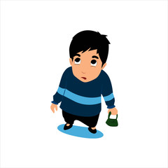 a young kid looking up while holding little bag on his hand