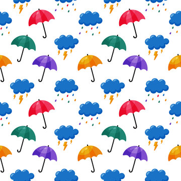 colorful cute baby cloud seamless pattern umbrella, rain and lightning on white background. vector Illustration.