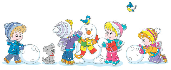 Fototapeta na wymiar Happy little kids making big snow balls and sculpting a friendly smiling funny snowman with a colorful scarf, vector cartoon illustration