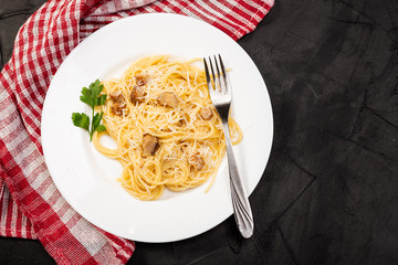 Carbonara pasta, spaghetti with pancetta, egg, hard parmesan cheese and cream sauce. Traditional...