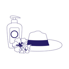 women beach hat with sun bronzer bottle icon, flat design