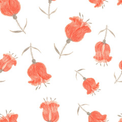 Seamless background. Drawing flowers in the style of primitive art. Hand-drawn illustration for printing on fabric, clothing, tableware, wrapping paper, Wallpaper. 