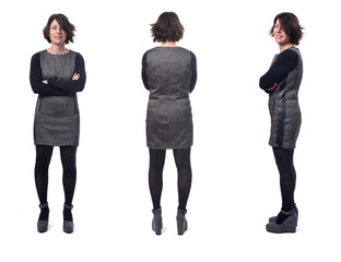 front back and  profile of full portrait of a woman, arms crossed