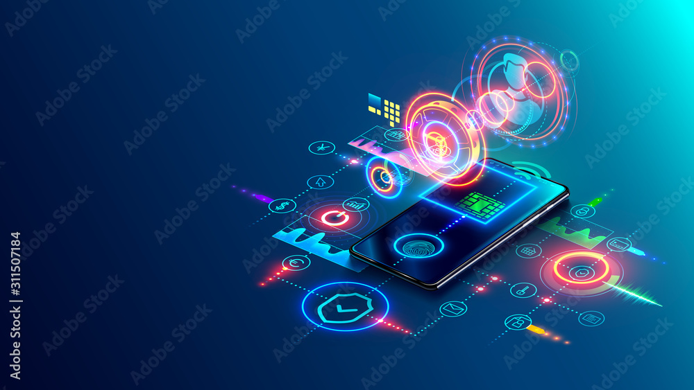 Poster User two-factor authentication technology via mobile phone. Identification human in mobile bank for internet payments or access confidential information. Fintech isometric concept. Digital safety.