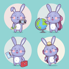 Obraz premium Set of cute bunny rabbit character travelling with backpack and map. Vector illustration