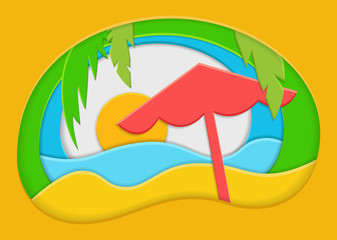 Fototapeta na wymiar Summer background with sea, sand, parasol and palm. Paper cut vector illustration