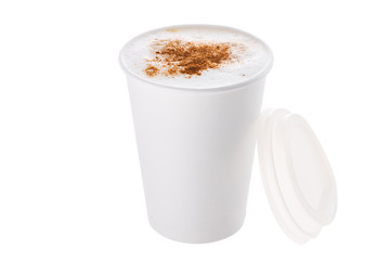 Coffee with milk or cappuccino with cinnamon in a plastic cup take away isolated on white background