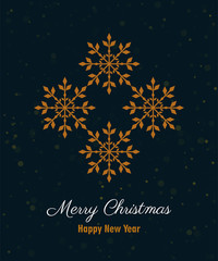 Merry Christmas Happy New Year greeting card with golden snowflakes and text on dark blue isolated background