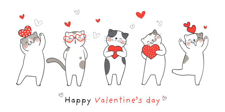 Draw banner funny cat with little red hearts for Valentine.