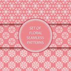 Floral seamless patterns compilation. White designs on pink backgrounds