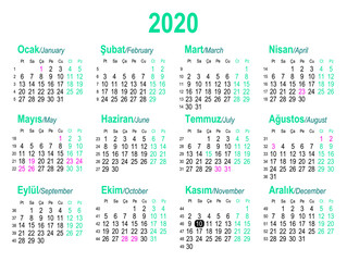 Simple Turkish 2020 year vector calendar. Week starts from Sunday.