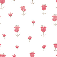 Seamless background. Drawing flowers in the style of primitive art. Hand-drawn illustration for printing on fabric, clothing, tableware, wrapping paper, Wallpaper.